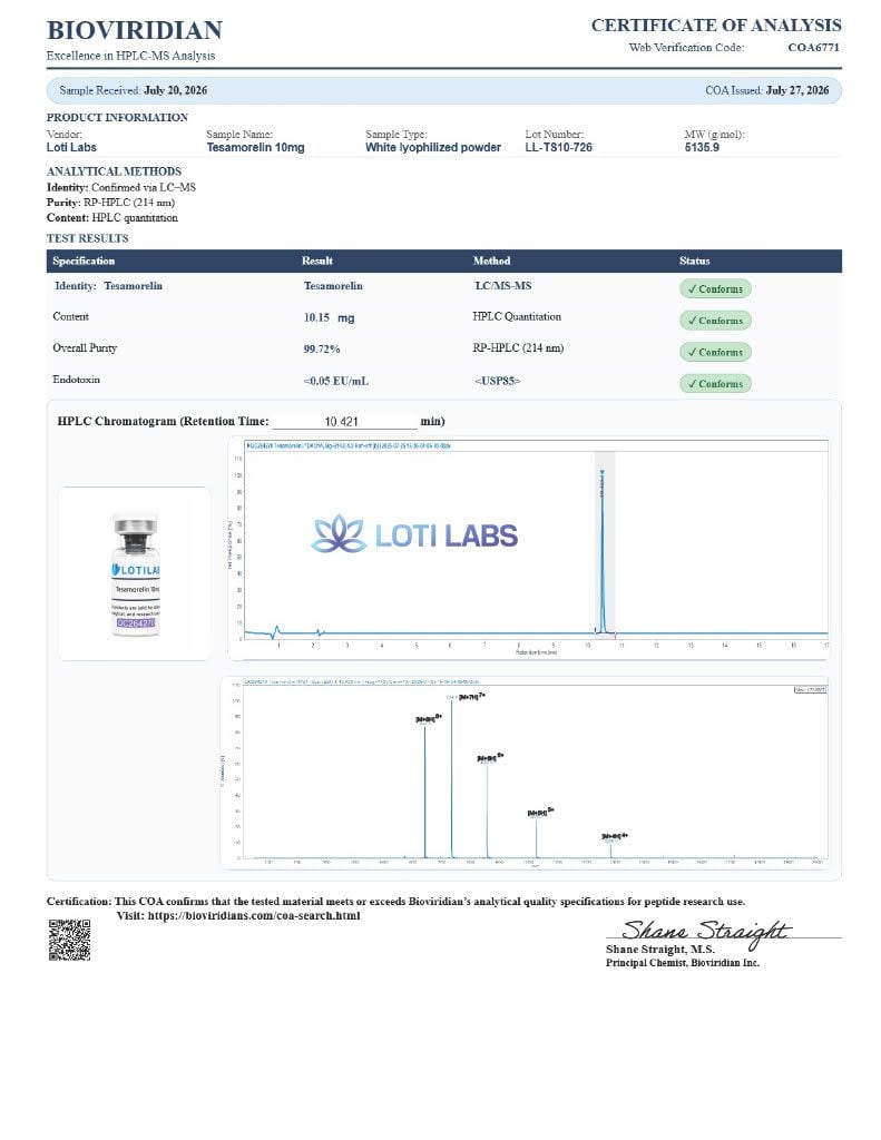 Certificate of analysis for Tesamorelin 10mg, tested 2026-07-27, batch LL-TS10-726.