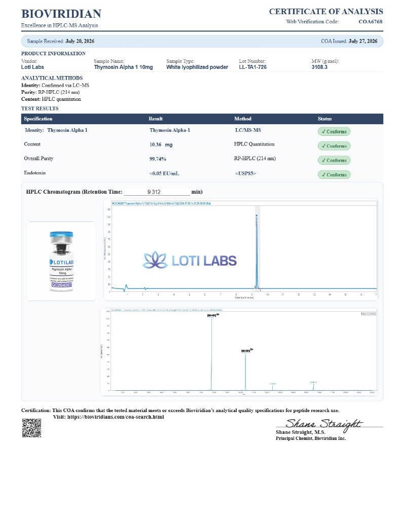 Certificate of analysis for Thymosin Alpha 10mg, tested 2026-07-27, batch LL-TA1-726.
