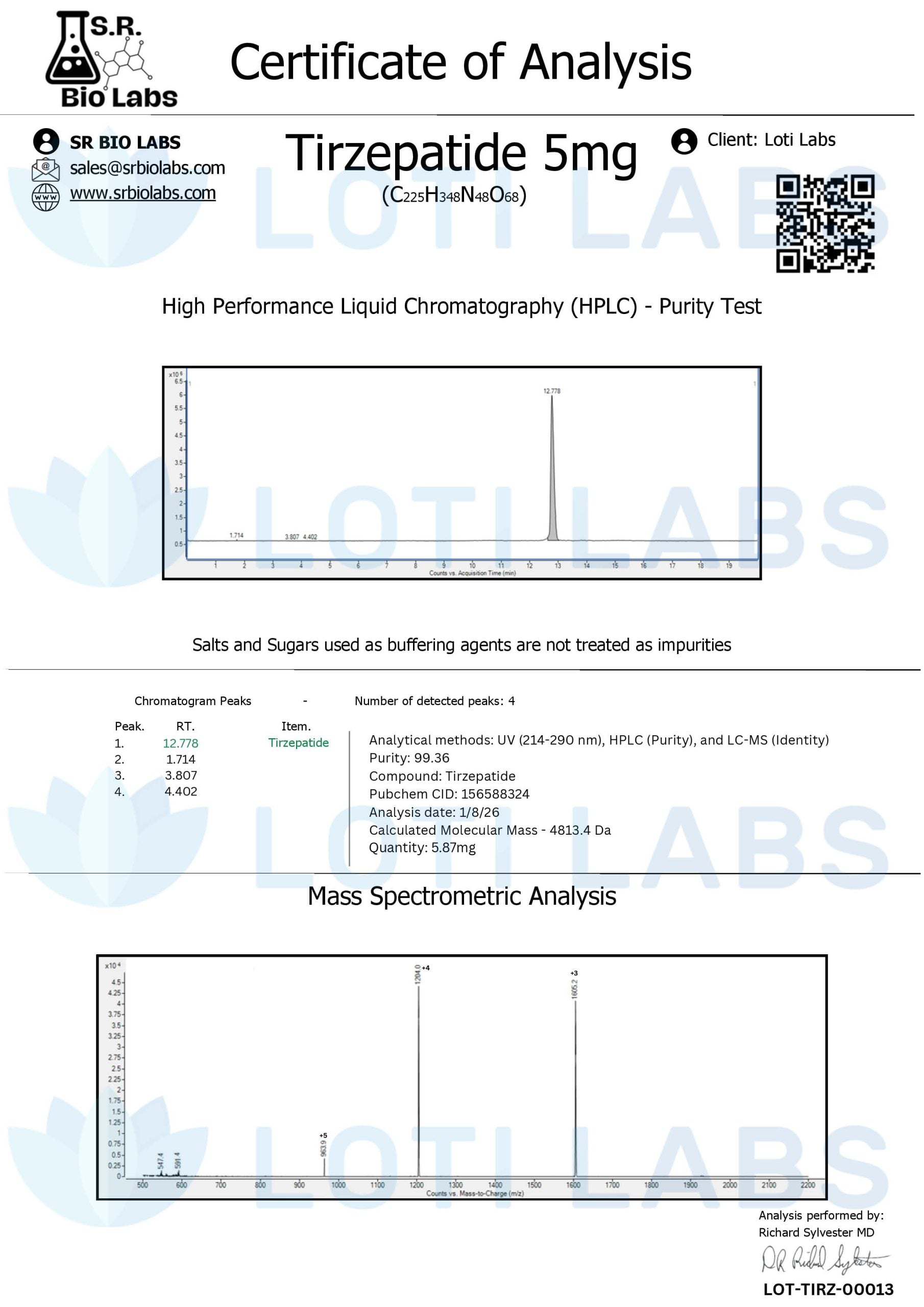 Certificate of analysis for Tirzepatide 5mg, tested 2026-01-08, batch LOT-TIRZ-00013.