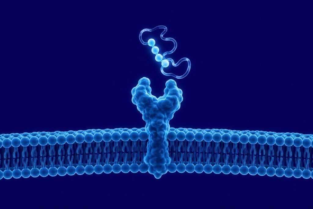 Minimalist illustration of a mechano growth factor peptide chain and the IGF-1 receptor in navy and sky blue