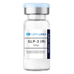 A clear vial labeled "Tirzepatide 5mg" with a blue and white cap, for laboratory, analytical, and research use only; often referenced alongside other research compounds.