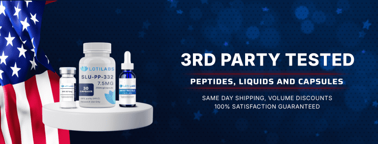 Peptide, liquid, and capsule bottles displayed on a platform, with an American flag and text stating "3rd Party Tested" and shipping, discount, and satisfaction guarantees.