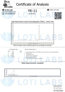 Certificate of Analysis for YK-11 10mg/ml (30ml) from Loti Labs, issued by SR Bio Labs: HPLC main peak purity at 98.04% and mass spectrometric analysis included.