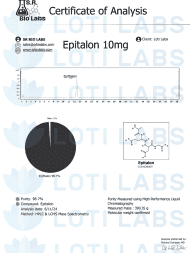 Epitalon 10mg Certificate of Analysis from S&R Bio Labs for Loti Labs, showing product specs, 98.7% purity, chemical structure, and chromatogram data.