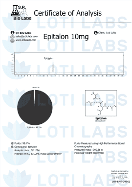 Epitalon 10mg Certificate of Analysis from S&R Bio Labs for Loti Labs, showing product specs, 98.7% purity, chemical structure, and chromatogram data.