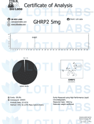 Certificate of Analysis for GHRP-2 5mg, including a purity analysis graph, product image, lot number, and measurement details from S&R Bio Labs.