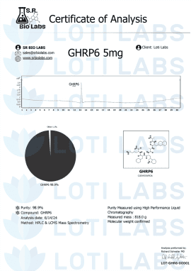 Certificate of Analysis for GHRP-6 5mg includes a purity graph, product details, testing methods, and LOTI LABS' contact info.
