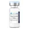 A clear vial labeled "Cagrilintide 5mg" with a blue and silver cap contains cagrilintide for laboratory, analytical, and research use only.