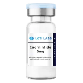 A clear vial labeled "Cagrilintide 5mg" with a blue and silver cap contains cagrilintide for laboratory, analytical, and research use only.