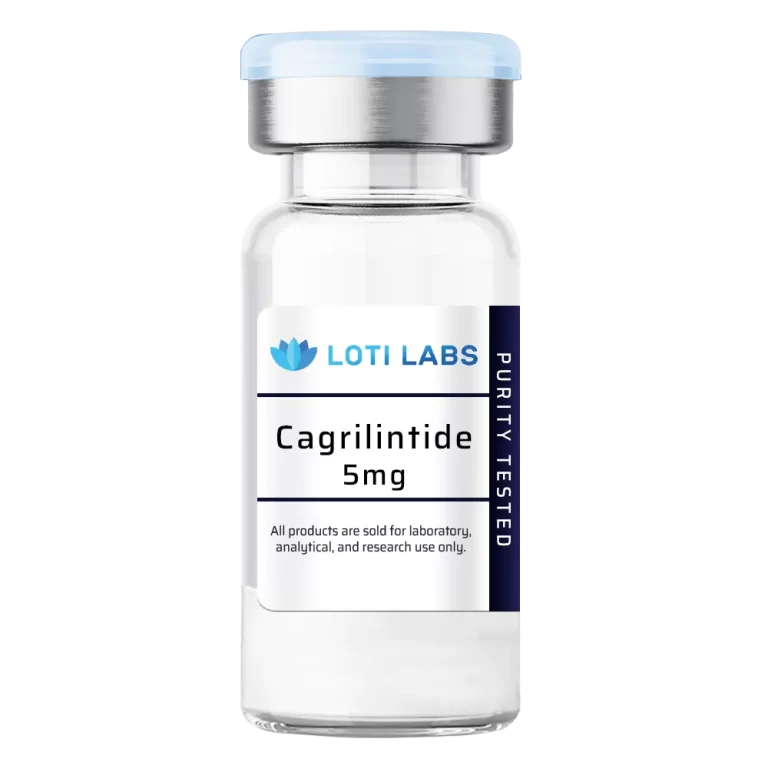 A clear vial labeled "Cagrilintide 5mg" with a blue and silver cap contains cagrilintide for laboratory, analytical, and research use only.