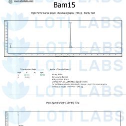 Certificate of Analysis for BAM15 Capsules (10mg/capsule, 30 capsules) shows HPLC purity at 99.29% and mass spectrometry confirming molecular weight of 340.16.