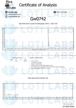 Certificate of Analysis for GW0742 Capsules (10mg/capsule, 30 capsules) shows HPLC purity of 99.04% and mass spectrometry ID, issued by SR Bio Labs for Loti Labs.