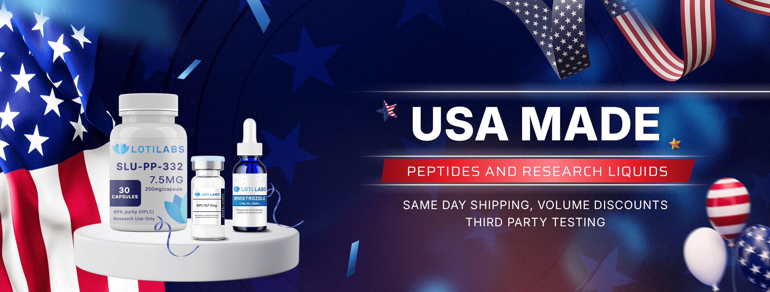 Loti Labs bottles and packaging of research liquids and capsules are displayed with American flag motifs and the text “USA MADE Peptides and Research Liquids”—ideal for those looking to buy peptides made in the USA.