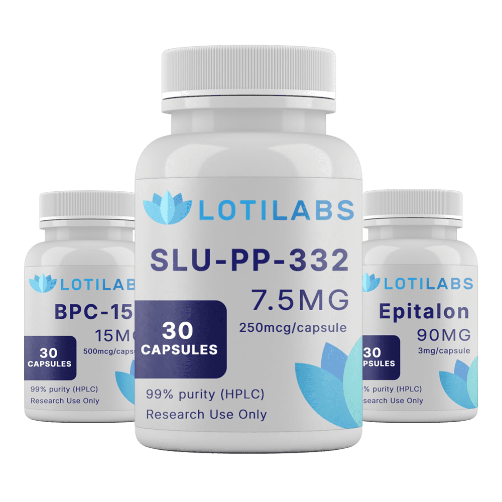 Three white supplement bottles labeled "Loti Labs"—SLU-PP-332, BPC-15, and Epitalon—each containing 30 capsules for research use only. Buy peptides from Loti Labs for your research needs.