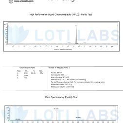 Certificate of Analysis for KPV 5mg showing HPLC purity test results and mass spectrometry identification, issued by SR Bio Labs for Loti Labs.