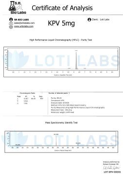 Certificate of Analysis for KPV 5mg showing HPLC purity test results and mass spectrometry identification, issued by SR Bio Labs for Loti Labs.