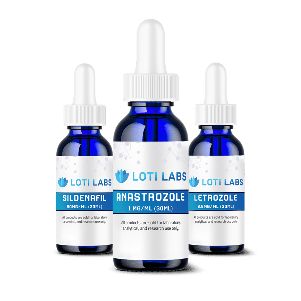 Three blue dropper bottles labeled Sildenafil, Anastrozole, and Letrozole from Loti Labs, marked for laboratory, analytical, and research use only—ideal for those seeking to buy peptides and research chemicals.