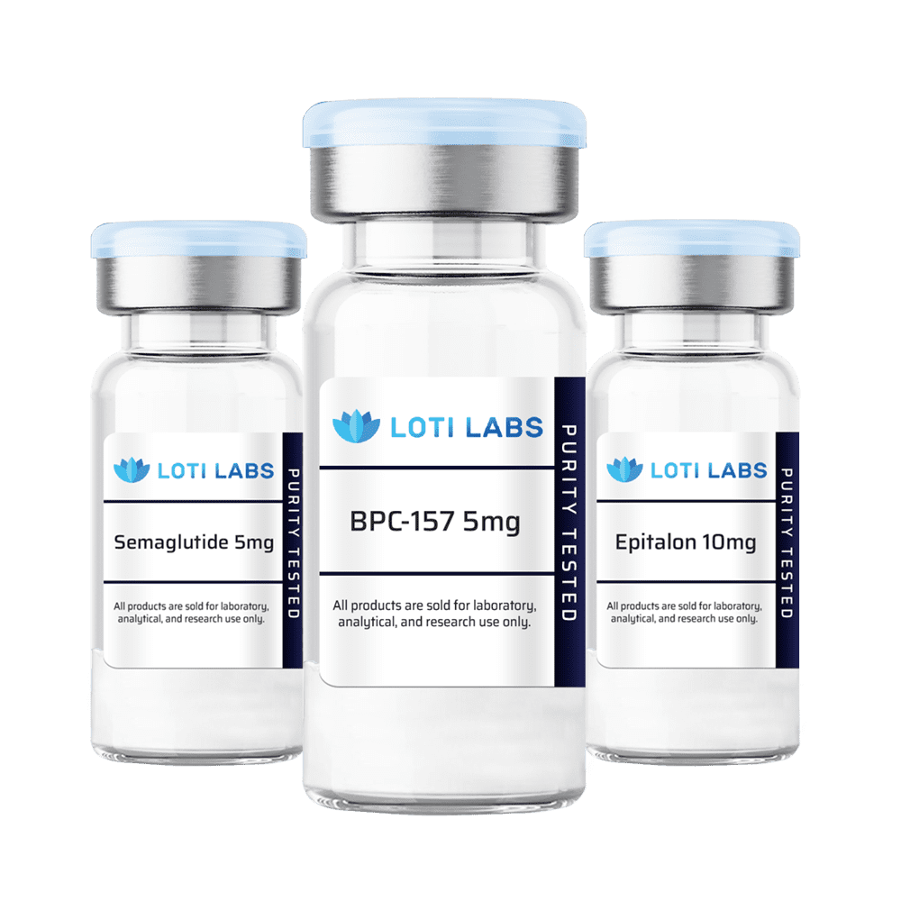 Three clear vials with blue caps are labeled "Loti Labs." The products—Semaglutide 5mg, BPC-157 5mg, and Epitalon 10mg—are available to buy peptides for laboratory and research use only.