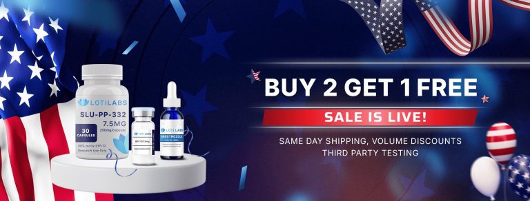 Bottles and capsules of supplements with American flag decorations; text advertises a "Buy 2 Get 1 Free" sale from Loti Labs, same day shipping, volume discounts, third-party testing—your trusted source to buy peptides.