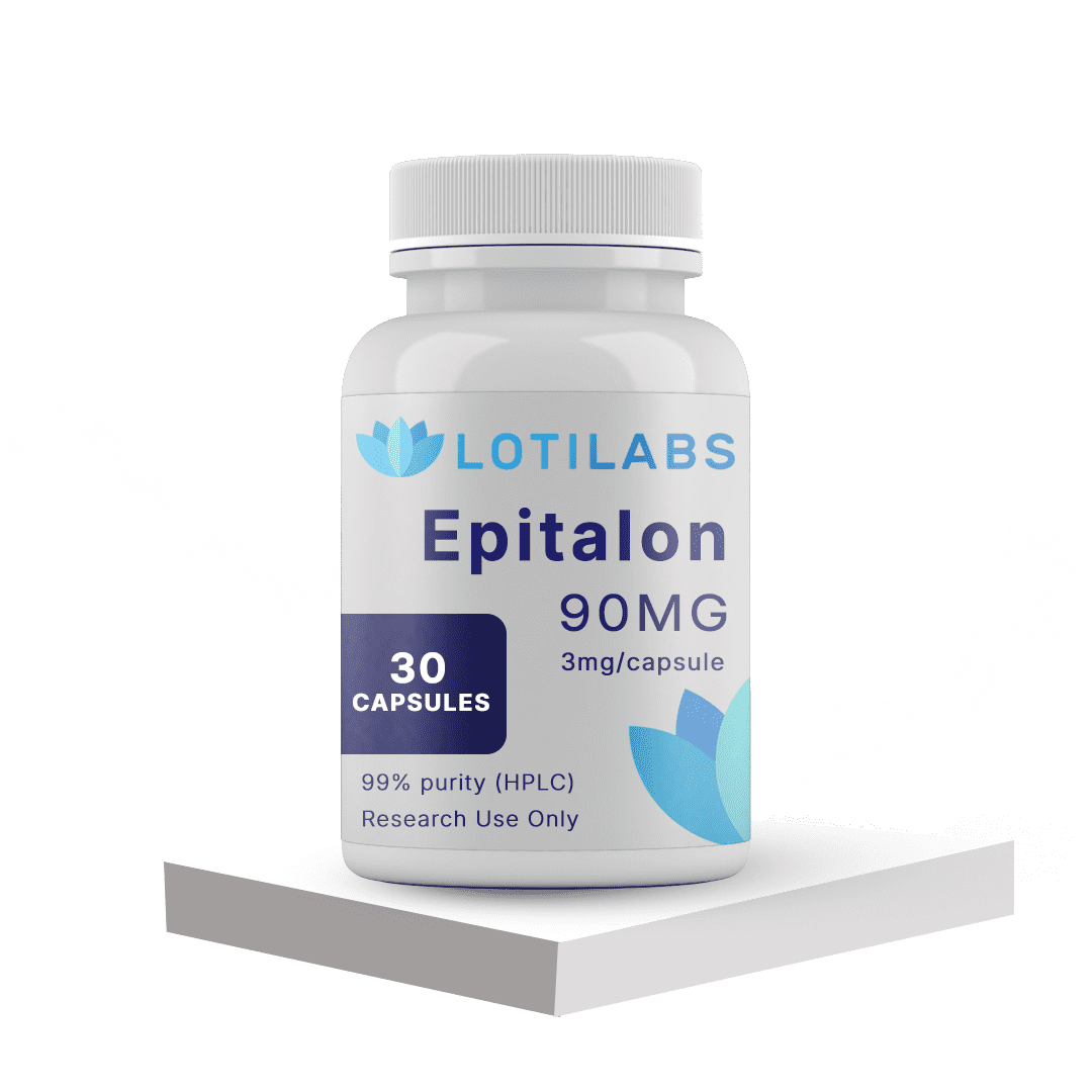 A white bottle labeled "Epitalon 90mg" from LotiLabs, containing 30 capsules, sits on a white platform. The label states "99% purity (HPLC)" and "Research Use Only.
