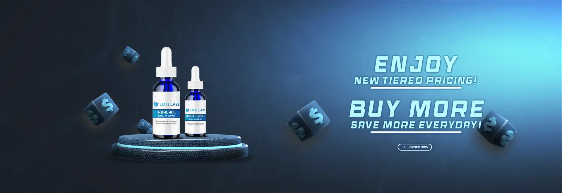 Two blue dropper bottles on a round platform with text promoting tiered pricing: "Enjoy new tiered pricing! Buy more, save more everyday!.