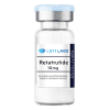 A clear vial labeled "Retatrutide 10mg" with a blue cap, marked for laboratory, analytical, and research use only.