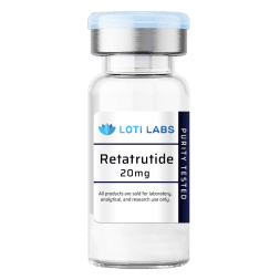 A clear vial labeled "Retatrutide 20mg" from LOTI LABS, marked "Purity Tested," is for laboratory, analytical, and research use only. Retatrutide upholds high standards for your scientific studies.
