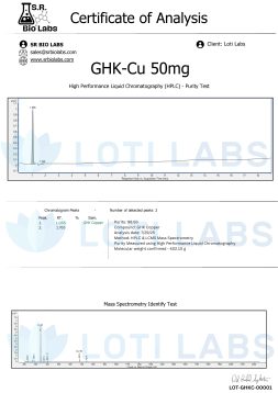 Certificate of analysis for GHK-Cu 50mg showing HPLC and mass spectrometry test results with chromatograms and product details for Loti Labs.