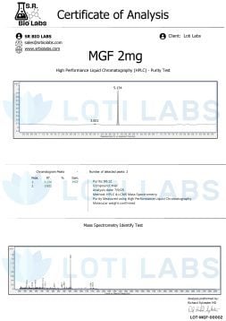 Certificate of Analysis for MGF 2mg showing HPLC purity test chromatogram and mass spectrometry identify test; main peak at retention time 5.134 minutes.
