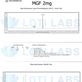 Certificate of Analysis for MGF 2mg showing HPLC purity test chromatogram and mass spectrometry identify test; main peak at retention time 5.134 minutes.
