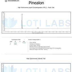 Certificate of Analysis for Pinealon showing HPLC and mass spectrometry test results, including a chromatogram, purity percentage, and molecular weight data.