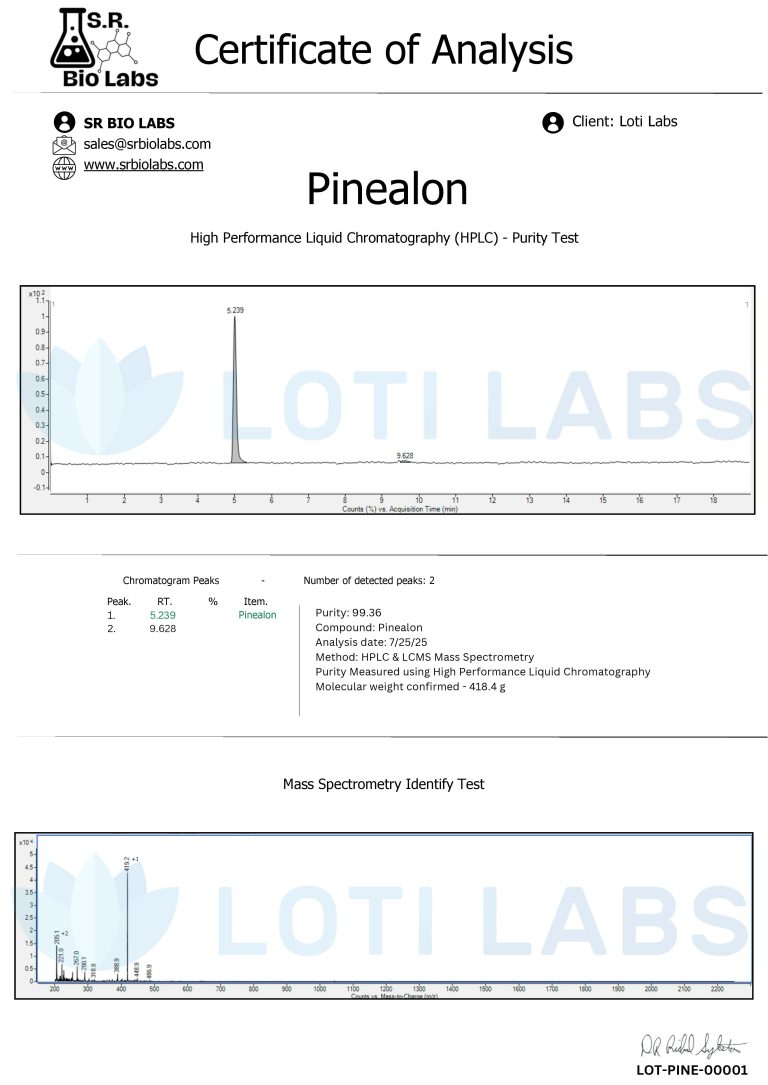 Certificate of Analysis for Pinealon showing HPLC and mass spectrometry test results, including a chromatogram, purity percentage, and molecular weight data.
