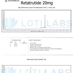 Certificate of Analysis for Retratutide 20mg showing HPLC purity test chromatogram and mass spectrometry identification for Loti Labs by SR Bio Labs.