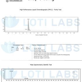 Certificate of analysis for Snap-8 10mg showing HPLC purity test with a main peak at 99.1% purity and mass spectrometry identification results, issued by SR Bio Labs for Loti Labs.