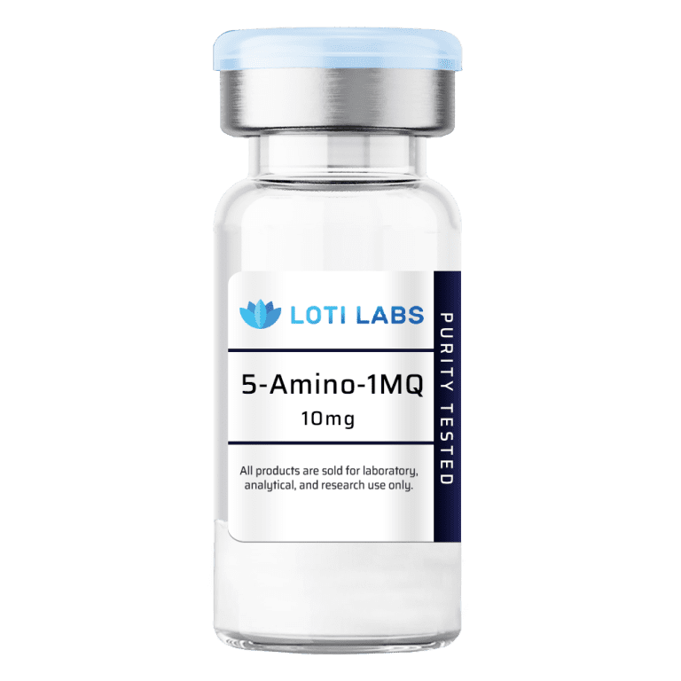 A clear vial labeled "5-amino-1MQ 10mg" from Loti Labs, purity tested and designated for laboratory, analytical, and research use only.