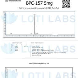 Certificate of analysis for BPC-157 5mg showing HPLC purity test graph, chromatogram data, and mass spectrometry identify test, branded with SR BIO LABS and LOTI LABS logos.