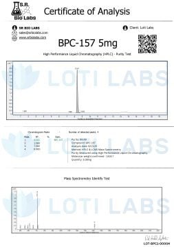 Certificate of analysis for BPC-157 5mg showing HPLC purity test graph, chromatogram data, and mass spectrometry identify test, branded with SR BIO LABS and LOTI LABS logos.