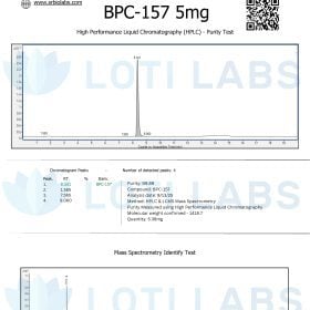 Certificate of analysis for BPC-157 5mg showing HPLC purity test graph, chromatogram data, and mass spectrometry identify test, branded with SR BIO LABS and LOTI LABS logos.
