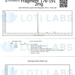 Certificate of Analysis for Fragment 176-191, 2mg; includes HPLC purity test graph, mass spectrometry identify test graph, compound data, and chromatogram peaks table.