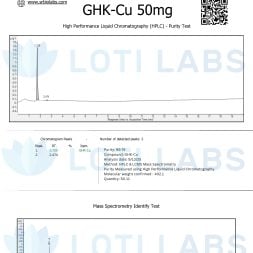 Certificate of Analysis for GHK-Cu 50mg showing HPLC purity test, chromatogram peaks, compound purity result, mass spectrometry identification, and SR Bio Labs branding.