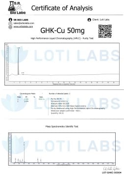Certificate of Analysis for GHK-Cu 50mg showing HPLC purity test, chromatogram peaks, compound purity result, mass spectrometry identification, and SR Bio Labs branding.