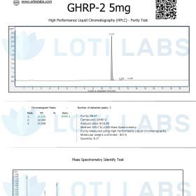 Certificate of Analysis for GHRP-2 5mg showing HPLC purity test chromatogram and mass spectrometry identify test, with detailed data on chromatogram peaks and compound characteristics.