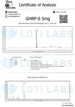 Certificate of analysis for GHRP-6 5mg showing HPLC purity test with a main peak at 97.8% and mass spectrometry identification; issued by SR Bio Labs for Loti Labs.