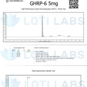 Certificate of analysis for GHRP-6 5mg showing HPLC purity test with a main peak at 97.8% and mass spectrometry identification; issued by SR Bio Labs for Loti Labs.