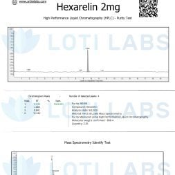 Hexarelin 2mg 3 Certificate of Analysis for Hexarelin 2mg includes HPLC and mass spectrometry chromatograms, compound information, and laboratory branding for SR Bio Labs and Loti Labs.