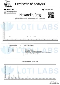 Certificate of Analysis for Hexarelin 2mg includes HPLC and mass spectrometry chromatograms, compound information, and laboratory branding for SR Bio Labs and Loti Labs.