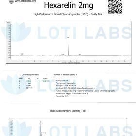 Certificate of Analysis for Hexarelin 2mg includes HPLC and mass spectrometry chromatograms, compound information, and laboratory branding for SR Bio Labs and Loti Labs.