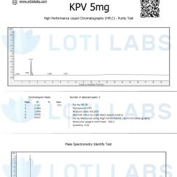 KPV 5mg 3 Certificate of Analysis for KPV 5mg showing HPLC purity test and mass spectrometry data with chromatograms and compound purity results.