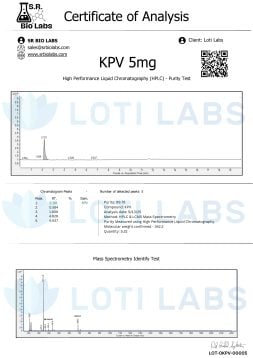 KPV 5mg 2 Certificate of Analysis for KPV 5mg showing HPLC purity test and mass spectrometry data with chromatograms and compound purity results.