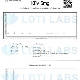 Certificate of Analysis for KPV 5mg showing HPLC purity test and mass spectrometry data with chromatograms and compound purity results.